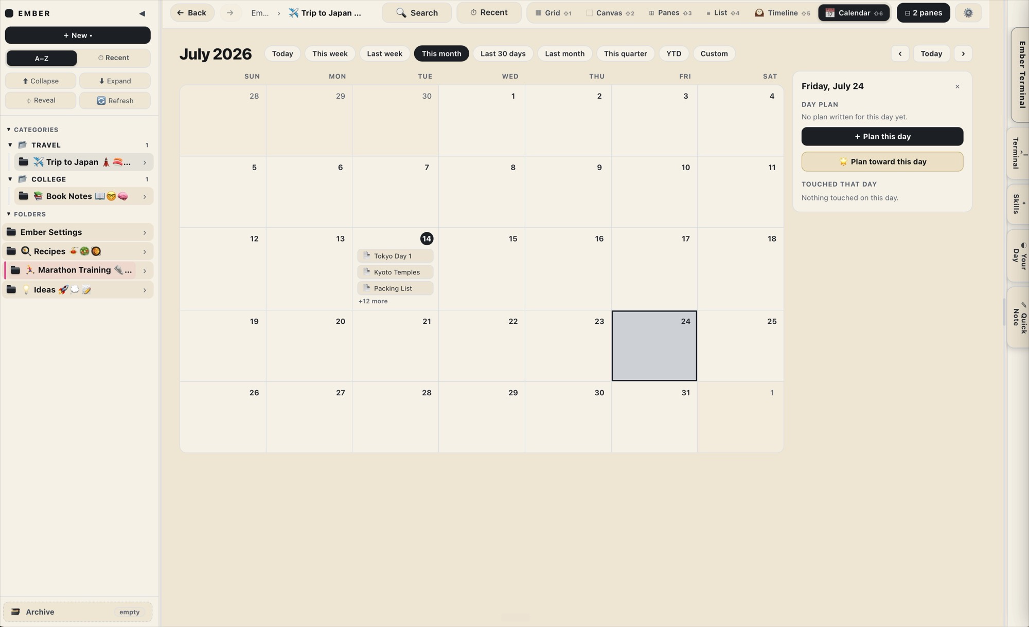 Ember's calendar view with a plan-toward-a-day panel