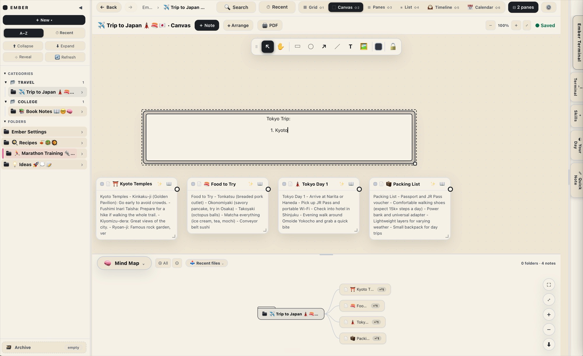 Ember's open canvas with note cards and a mind map