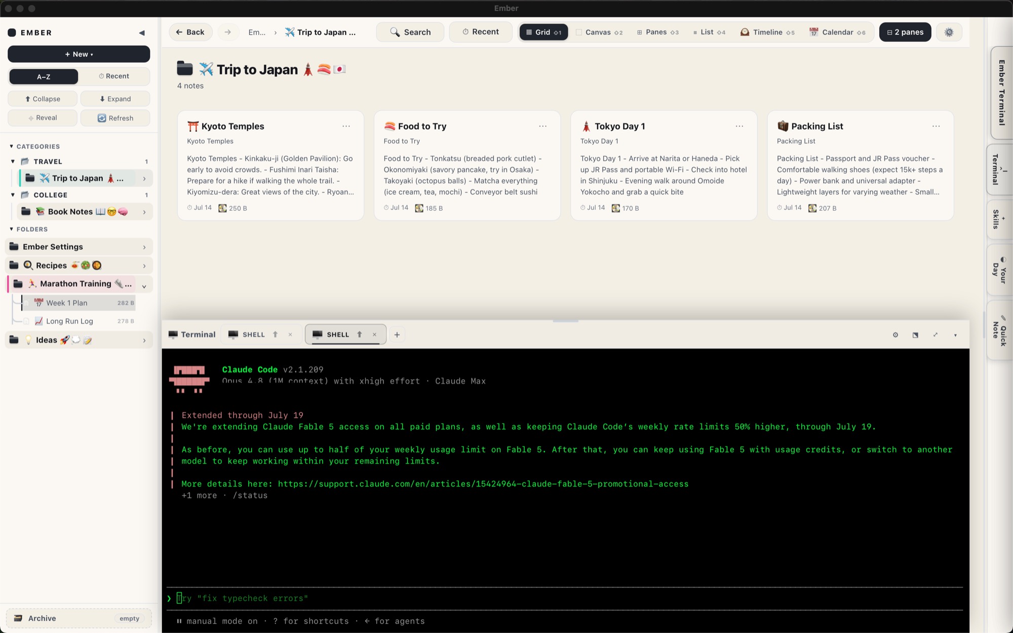 Ember with a built-in terminal running below the notes